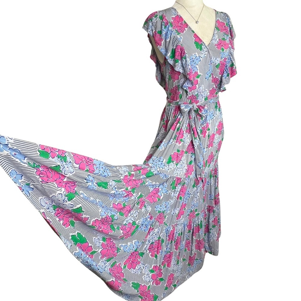 crown & ivy Dress Women's Hello Spring Flutter Sleeve Floral Midi Pink Blue 2 XS - Picture 5 of 17